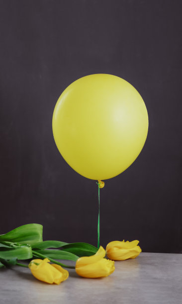 一束美丽而精致的黄色郁金香花，旁边的灰色背景上有一个气球图片下载