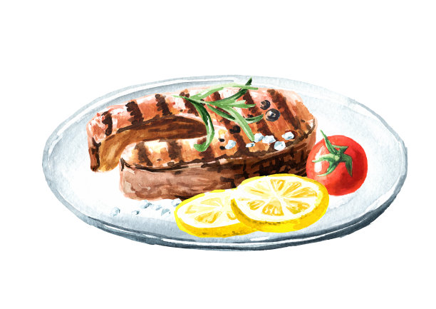 三文鱼扒配柠檬，迷迭香和樱桃番茄。水彩手绘插图，孤立的白色背景图片下载