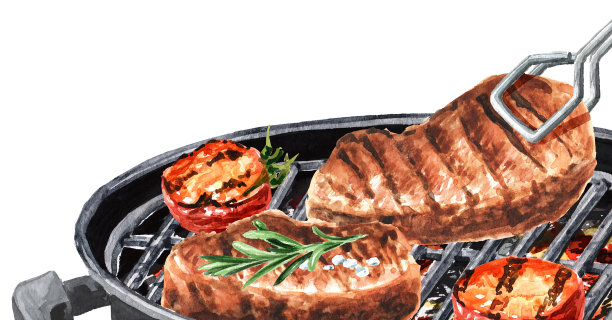 烤肉架上的烤肉排配蔬菜。水彩手绘插图，孤立的白色背景图片下载