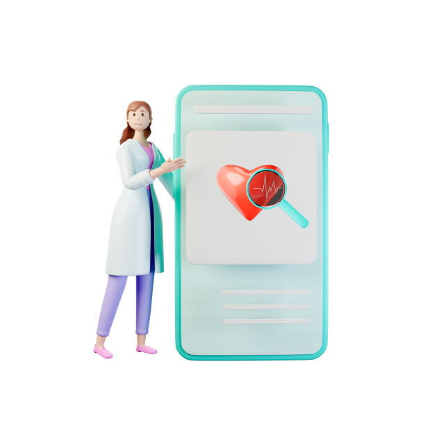3d角色女医生指着有心脏和心跳的智能手机。医学在线概念艺术，空白横幅，模型与复制空间隔离在白色背景。3 d渲染图图片下载