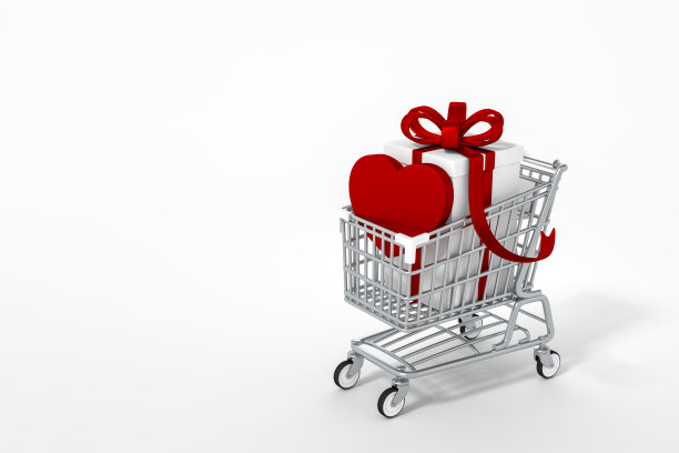 红心和礼盒放在购物车与白色背景3d渲染。3d插图甜蜜的心和情人节购物贺卡模板最小的概念。图片下载