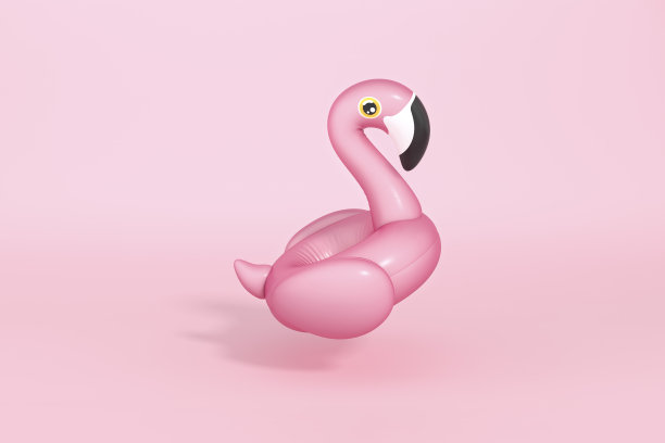 粉红色的火烈鸟漂浮，热带鸟形状的充气游泳池环在粉色的背景3d渲染。3d插图夏季最小概念。图片下载