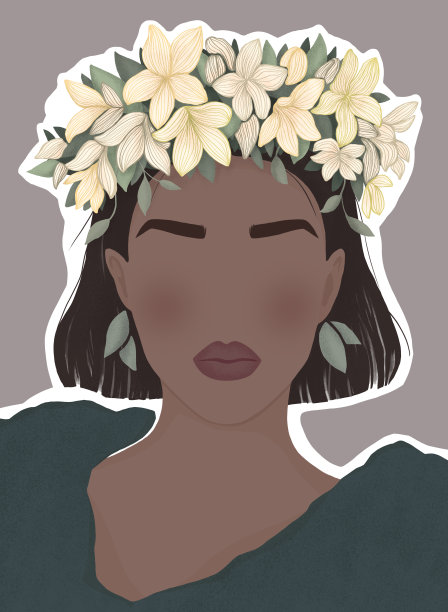 一个皮肤黝黑、头发黑黑的女人戴着一个黄花花环。现代平面插图。用于海报、横幅、明信片、杂志或书籍封面图片下载