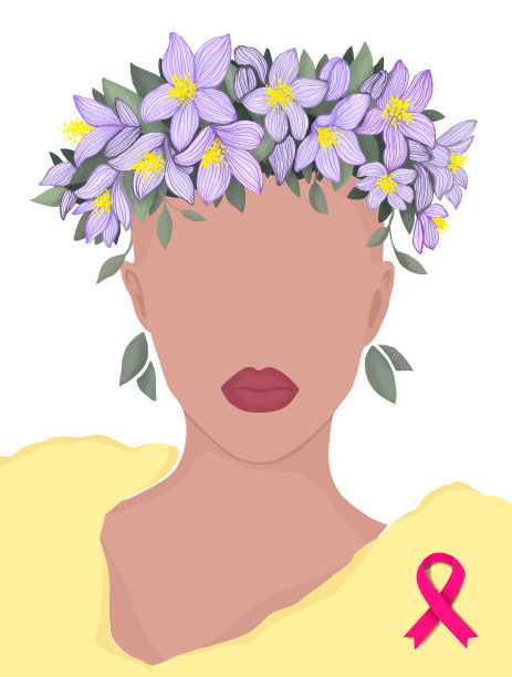 化疗后戴着花环和粉色丝带的秃头女人。矢量现代平面插图，以支持妇女与癌症。用于海报、横幅、明信片、杂志或书籍封面图片下载