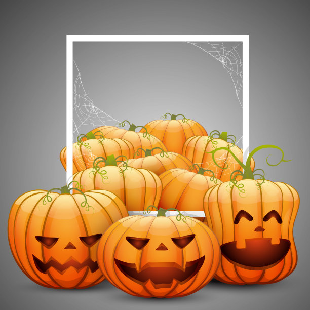 一群白色框架的快乐万圣节南瓜。在灰色背景上图片下载