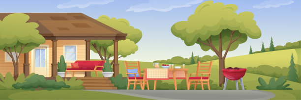 烧烤设置户外背景。房子在自然界的全景与树，山，烤肉肉，餐桌与食物和饮料，椅子矢量插图。夏天水平场景图片下载