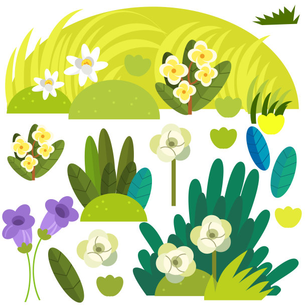 卡通场景与一套花卉和自然元素插图图片下载