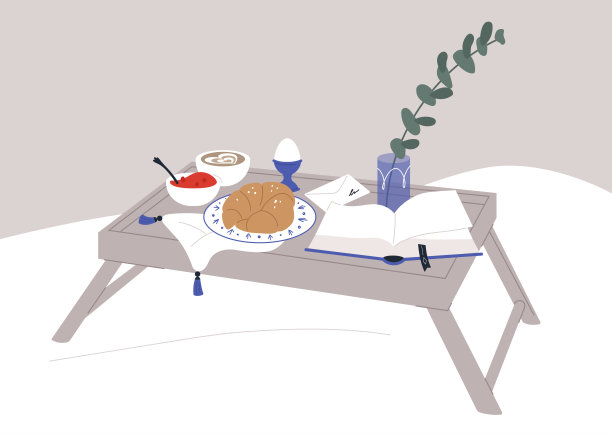 在床上吃早餐，周日早上的例行公事，咖啡，羊角面包，煮鸡蛋，托盘，优雅的生活方式图片下载