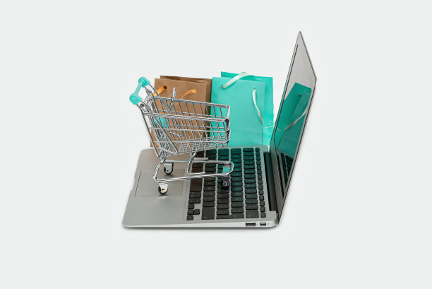网上购物概念与笔记本电脑，购物袋和购物车隔离在白色，复制空间图片下载
