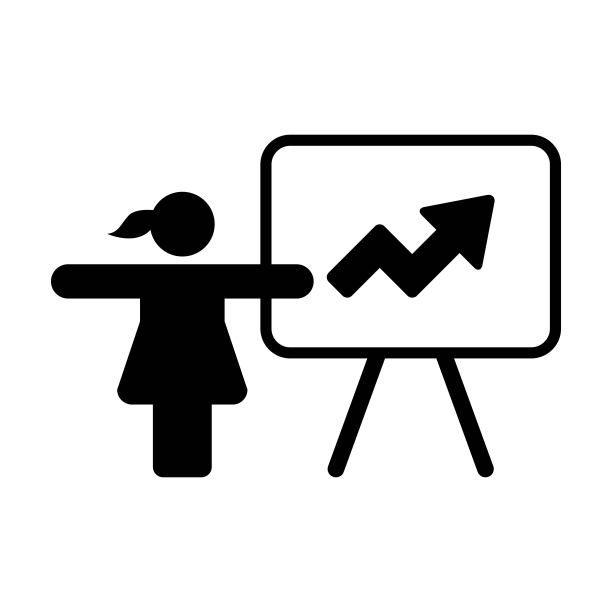 演示图标矢量女性与董事会的业务和财务分析和报告符号在一个平面颜色的象形文字图片下载
