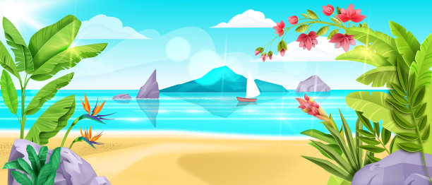 夏季海滩景观，矢量海背景，沙滩，海浪，岛岸，香蕉叶，蓝天。图片下载