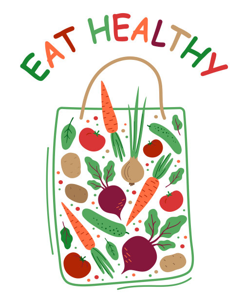 风格化袋蔬菜。彩色铭文“吃得健康”。天然有机食品:番茄、黄瓜、胡萝卜、土豆、洋葱、菠菜、甜菜、绿叶蔬菜。平面矢量孤立在白色上。图片下载