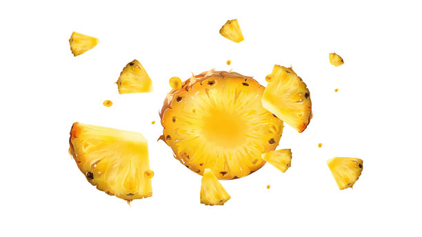 飞行中滴有果汁的菠萝片。图片下载