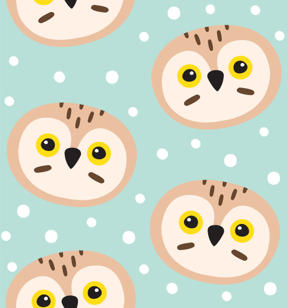 矢量无缝模式的平面卡通涂鸦猫头鹰的脸和雪图片下载