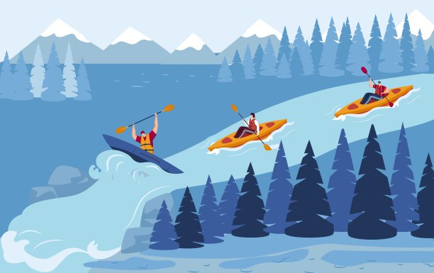 皮划艇水上，活跃的旅游运动，极限河，男孩娱乐，休闲休闲，设计，卡通矢量插画风格。图片下载