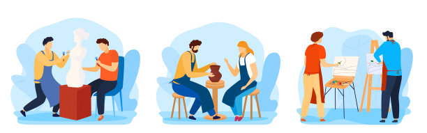 爱好课，女孩受教育，艺术学校，创意创意，儿童学习，设计，卡通风格矢量插图。图片下载