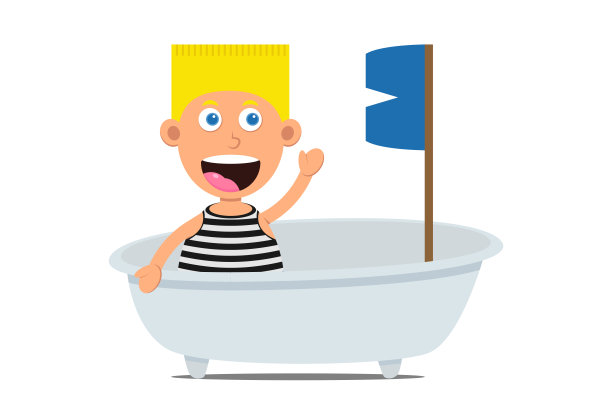 可爱的卡通小男孩穿着水手条纹背心在热浴盆船上。在白色背景下孤立的船长小孩角色。孩子们在船上快乐微笑。矢量图图片下载