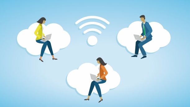 在家工作。人们坐在云上。矢量插图。图片下载