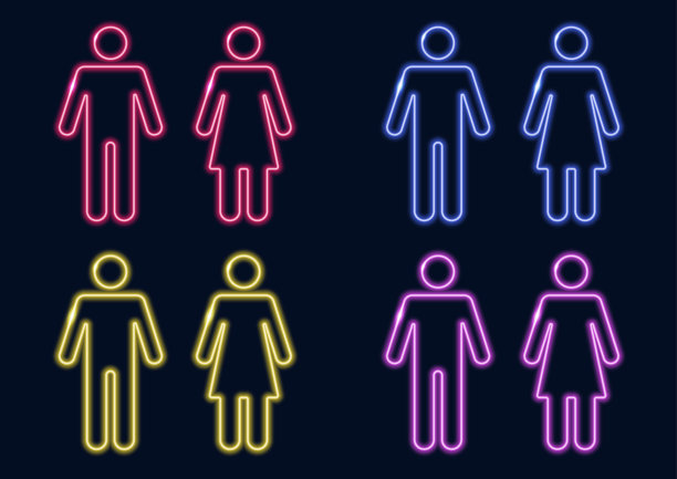 男女性别霓虹灯。指示厕所或浴室的指针。在黑暗背景上的发光线条。图片下载