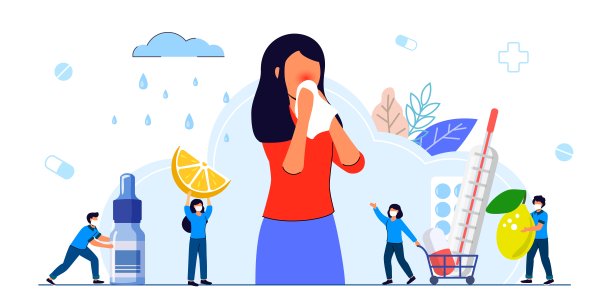 季节性过敏季节性过敏诊断花粉过敏免疫治疗概念疾病伴有咳嗽、感冒和打喷嚏症状扁平微小过敏者病媒分离说明图片下载