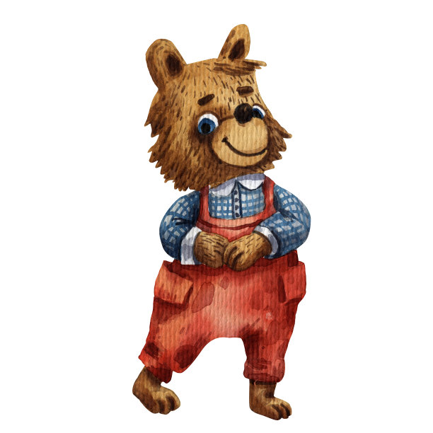 可爱的穿着熊的水彩插图。孩子的性格。小学的插图。卡通风格。站着的有趣的小男孩。画书插图。穿着红色外套的聪明小男孩。图片下载