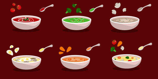 4月5日是国际汤日。牛肉，素食，土豆泥汤。一套汤。收集汤，汤在一个杯子西红柿蔬菜面条，蘑菇，胡萝卜，西兰花孤立图片下载