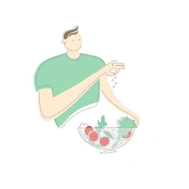 一个穿着绿色t恤的年轻人拿着一个沙拉碗和盐沙拉图片下载