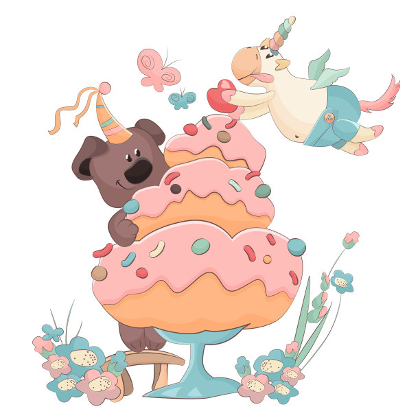 贺卡泰迪熊和独角兽蛋糕图片下载