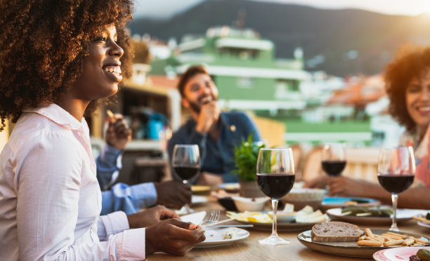 日落时分，年轻的多种族朋友们在房子的露台上吃着开胃菜，喝着红酒图片下载