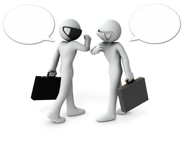 两个商人手肘相碰。白色背景。三维渲染图片下载