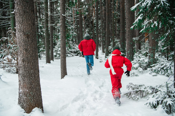 冬天，一位年轻的父亲在树林里追着儿子玩图片下载
