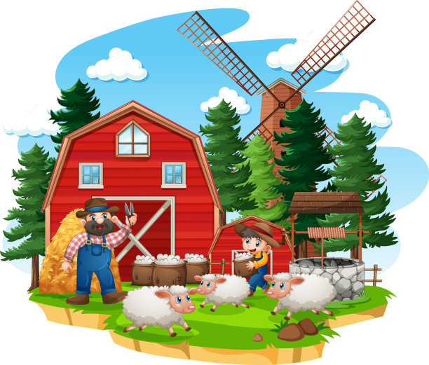 农场与红色谷仓和风车在白色图片下载