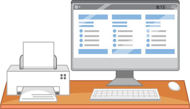 电脑和打印机在办公桌上白色图片下载