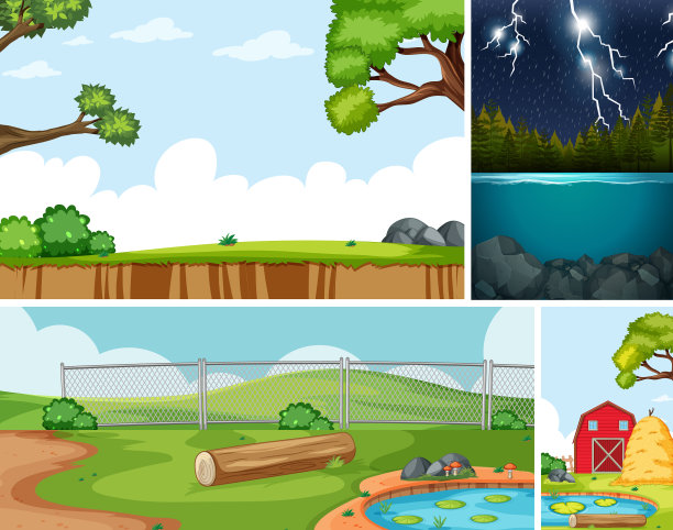 四个不同的场景在自然背景卡通图片下载