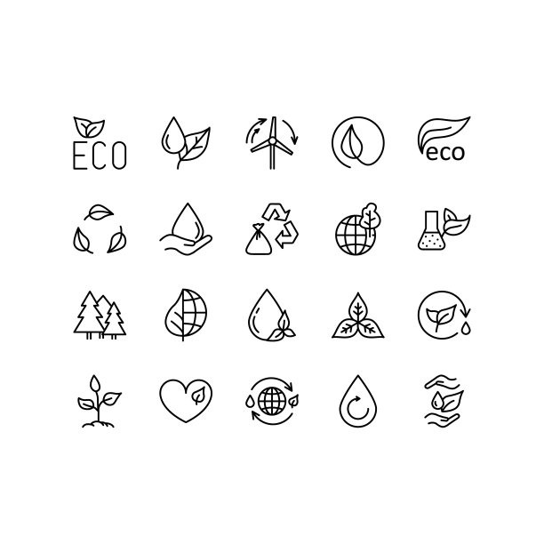 生态和环境相关线图标设置。自然和可再生能源的简单象征。包括环境，生态，替代能源，循环利用，水滴等。可编辑的中风图片下载