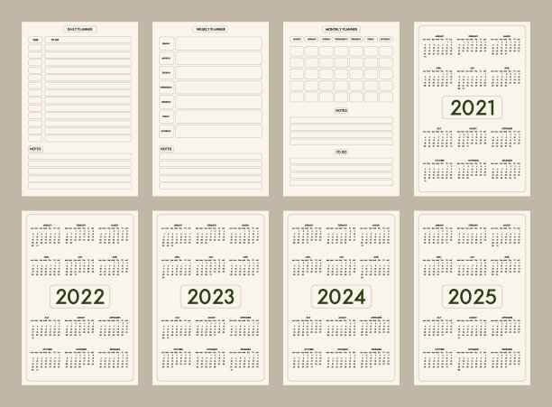 2022 2023 2024 2025日历每日每周每月个人计划日记模板极简时尚风格，淡色米色橄榄自然调色板。星期从星期日开始图片下载