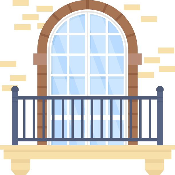 半月形网格图案砖墙拱形窗概念矢量图标设计，阳台和窗户正面视图符号，住宅外观设计理念与古典阳台立面库存插图图片下载