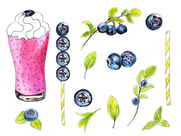 蓝莓冰沙设置元素，孤立在白色背景。水彩手绘插图图片下载