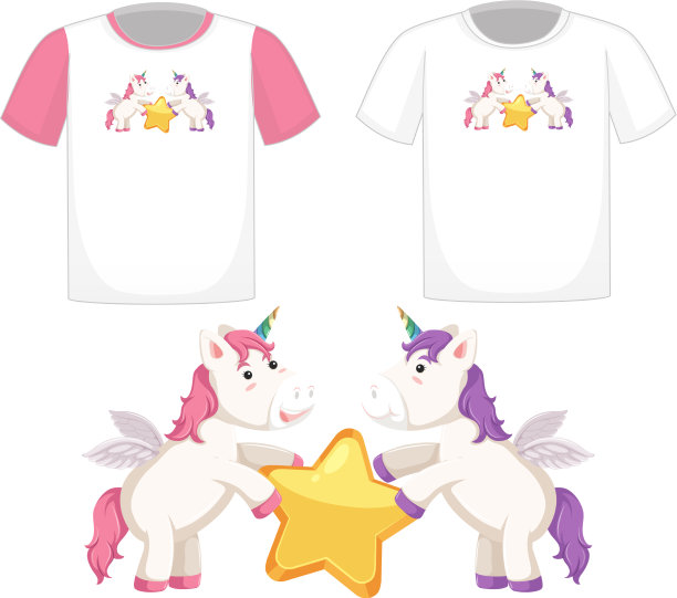 可爱的独角兽标志印在不同的白衬衫上图片下载