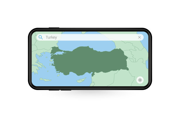 在智能手机地图应用程序中搜索土耳其地图。手机里的土耳其地图。图片下载