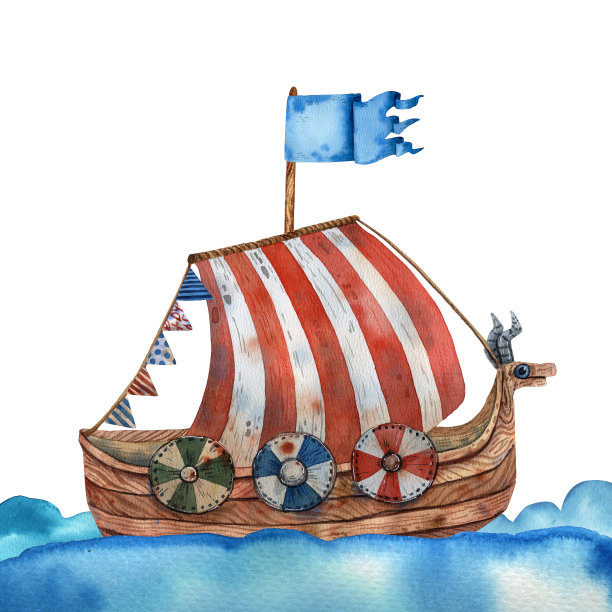 可爱的维京德拉卡插图。古代斯堪的纳维亚的船。古老的海洋运输。有趣的卡通插画风格。北longship。木制军舰。红旗。木drakkar。图片下载