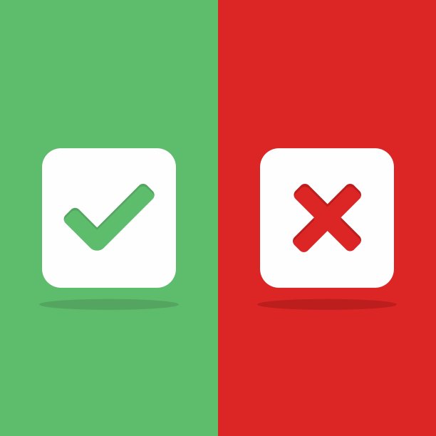 检查和错误标记，打勾和打叉标记，接受/拒绝，批准/不批准，是/否，对/错，绿/红，正确/假，Ok/不Ok -绿色和红色的矢量标记符号。孤立的图标。图片下载
