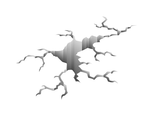 地震后裂纹。地上有洞，有破坏裂缝。老化或干燥的地面影响，土地破坏。破碎的地面孤立在白色背景上图片下载