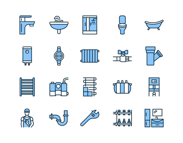 管道平面线图标设置蓝色。矢量插图供水，排水，供热，工程管道。可编辑的中风图片下载