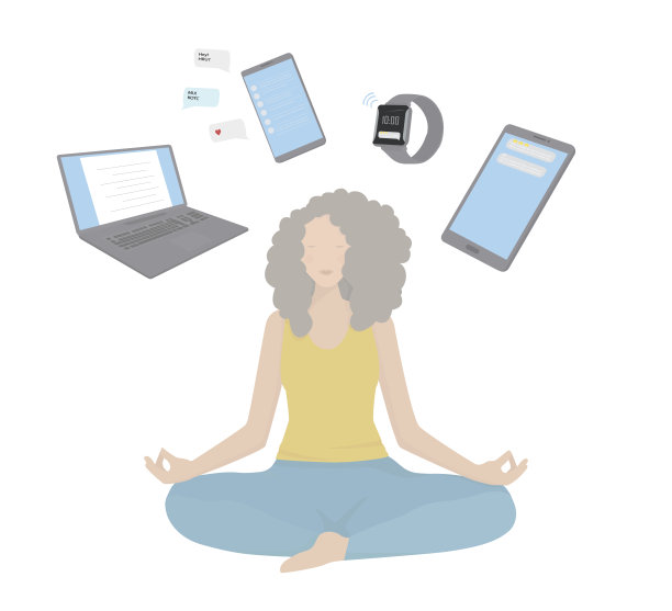 数字排毒的概念。避免使用智能手机、电脑和社交媒体等数字设备。女孩无视科技设备进行冥想。孤立的矢量图。图片下载