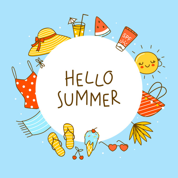 框架背景与可爱的夏季项目蓝色卡通对象快乐的海滩设计图片下载