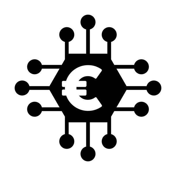 数字欧元硬币图标矢量货币符号，用于资产和钱包的数字交易扁平颜色字形象形图图片下载