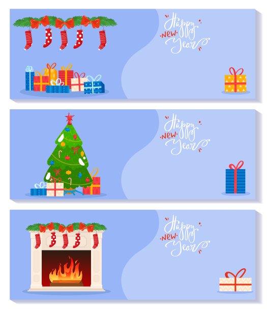 庆祝圣诞节，主要装饰节日，设置冬季横幅，舒适的传统室内，卡通风格，矢量插图。图片下载