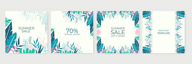 夏日社交媒体故事贴出以花卉为背景的系列。夏季销售横幅与热带树叶背景，花设计的社交媒体帖子，横幅，传单，邀请，海报或贺卡图片下载