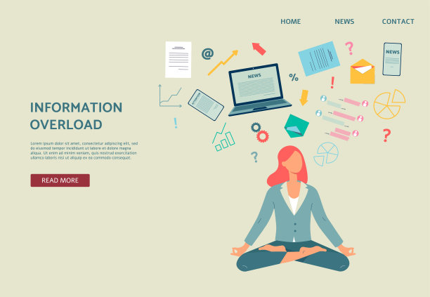 信息超载网站与女人在莲花姿势，平面矢量插图。图片下载